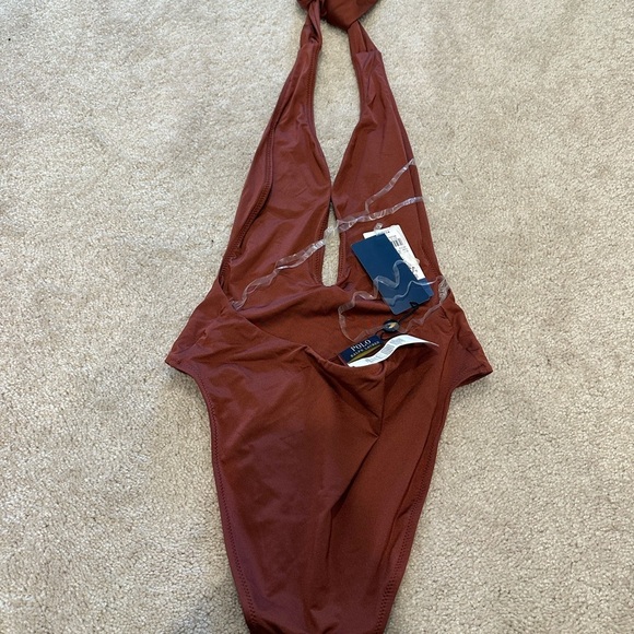 Polo Ralph Lauren Plunge-Neck One-Piece Halter Swimsuit NWT Size XS Cooper/Brown - Picture 4 of 4